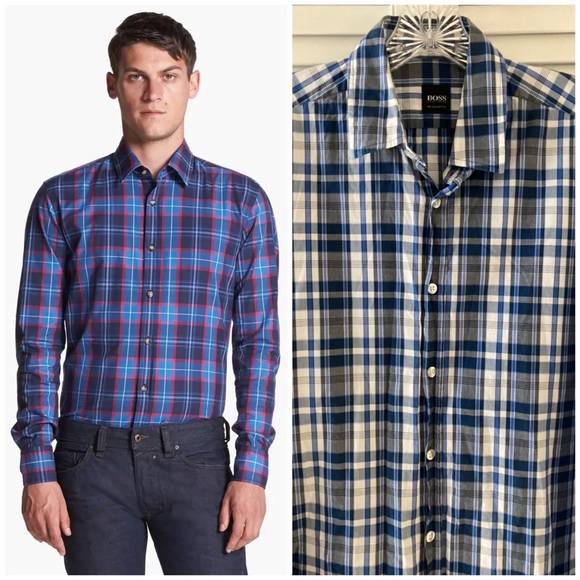 HUGO BOSS 'Lucas' Regular Fit Plaid Sport Shirt - Picture 1 of 8